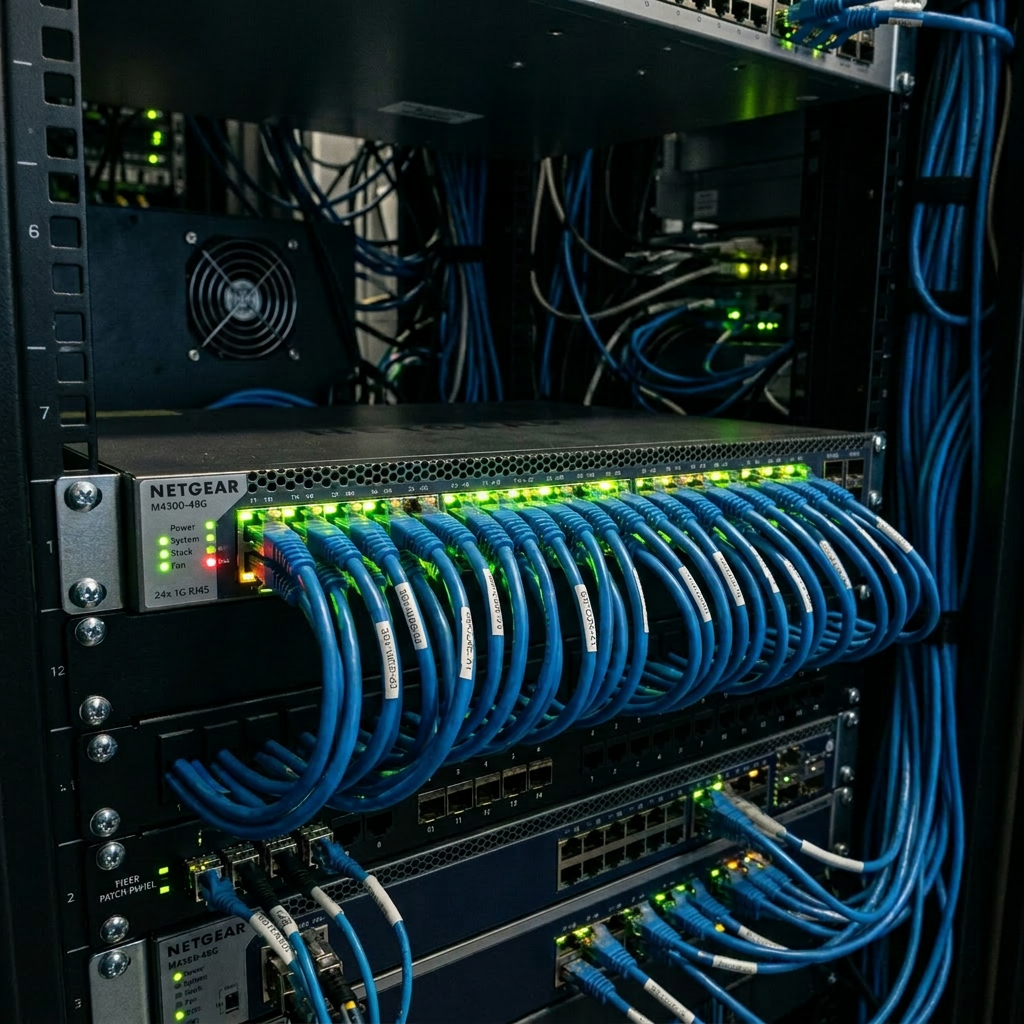 NETGEAR M4300-48G network switch with blue Ethernet cables and green activity lights